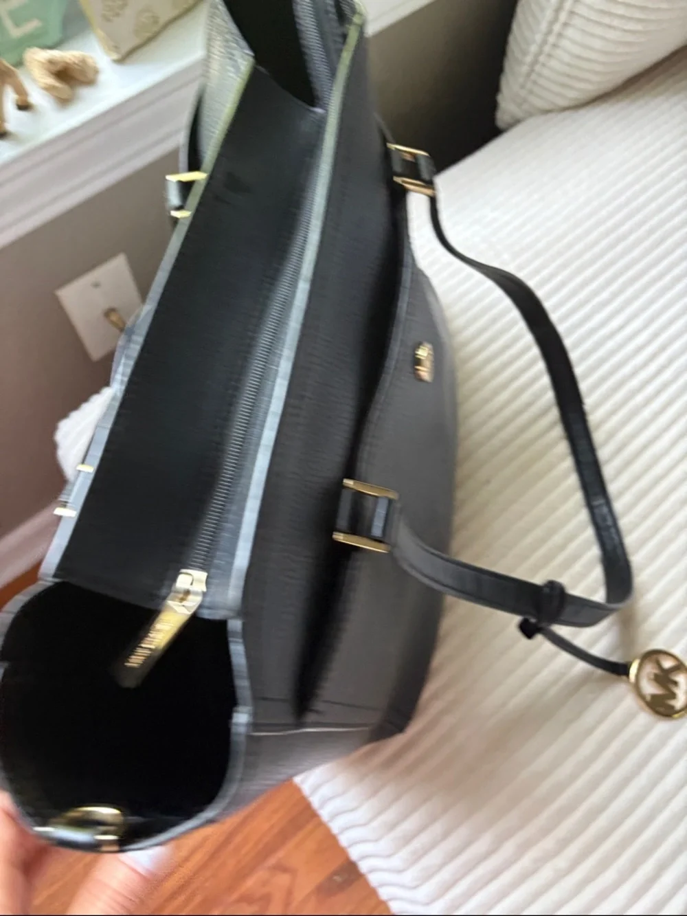 Michael Kors Black Leather Tote with Gold MK Charm - Picture 3 of 7